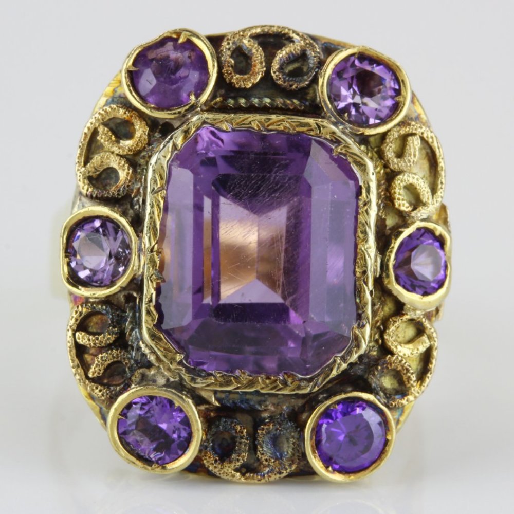 Antique Victorian 18K Gold Amethyst Anniversary Birthstone Cocktail Ring c.1890